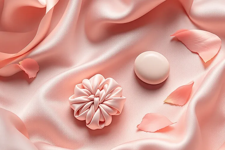 A pink silk rosette and a smooth pebble on flowing satin