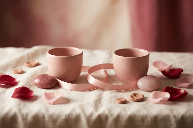Two blush mugs and a soft pink ribbon on linen