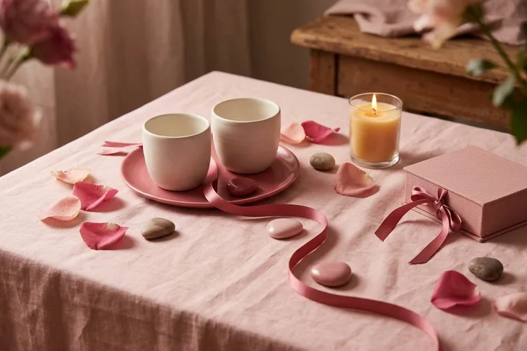 Two mugs, a lit candle, and a small gift box on a linen table