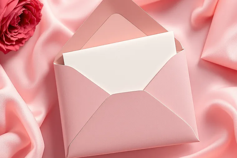 A pink envelope holding a blank note card on satin
