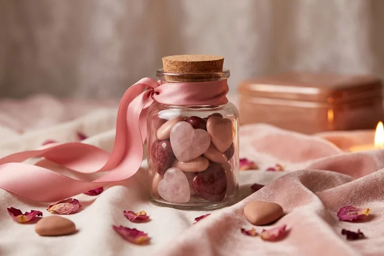 A glass jar of little hearts with a candle and rose petals