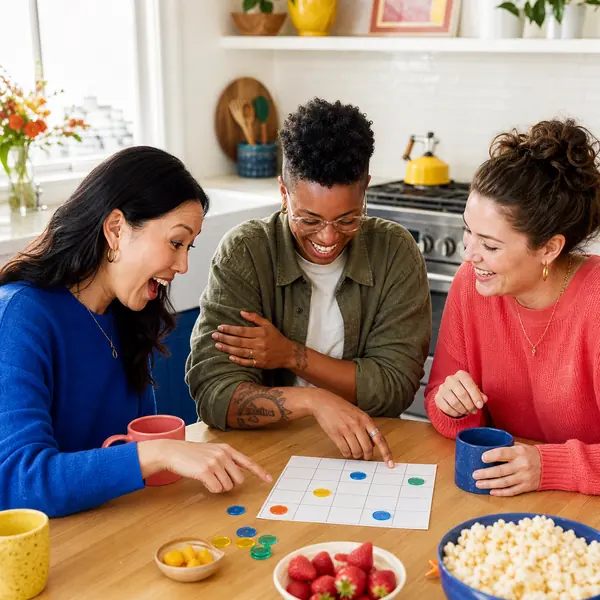 Three friends around a kitchen table playing a bingo board with popcorn