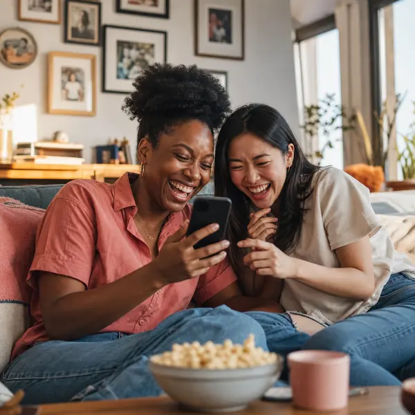 Two friends on a sofa laughing at a photo on a phone