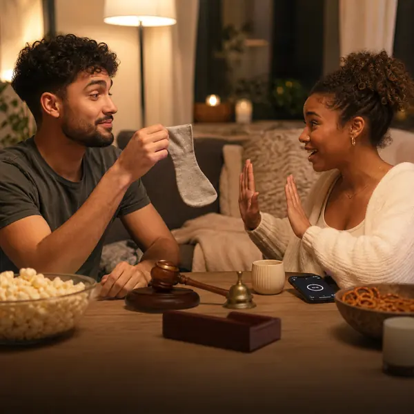 A couple on the floor with snacks, one holding up a sock as evidence