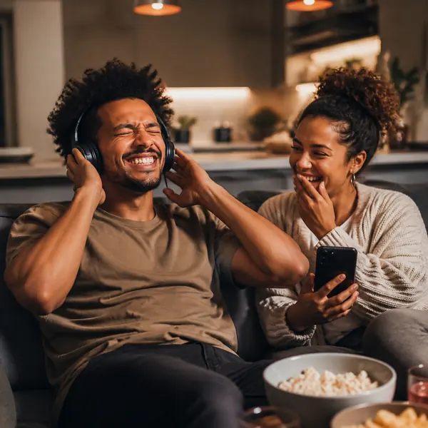 A man laughing in big headphones while his partner holds the phone