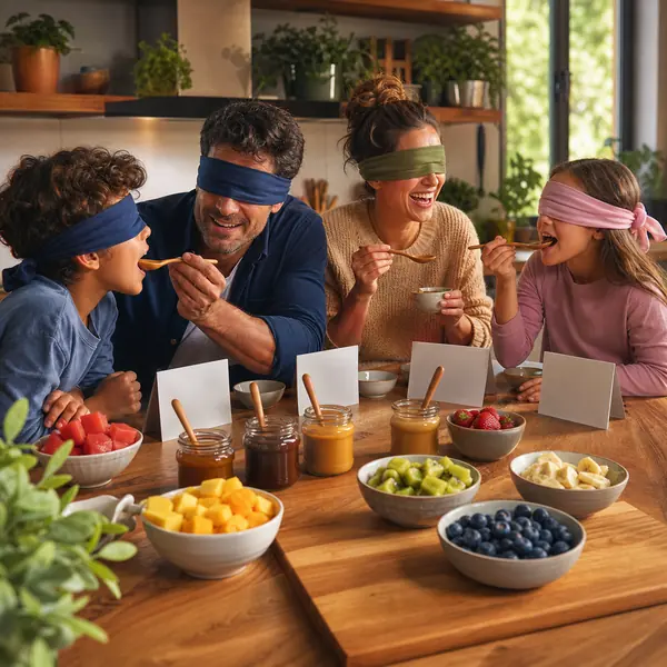 A blindfolded family tasting little bowls of fruit and snacks at a table