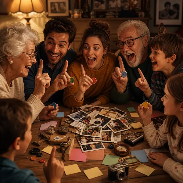 Three generations around a table covered in old photos, raising hands to bid