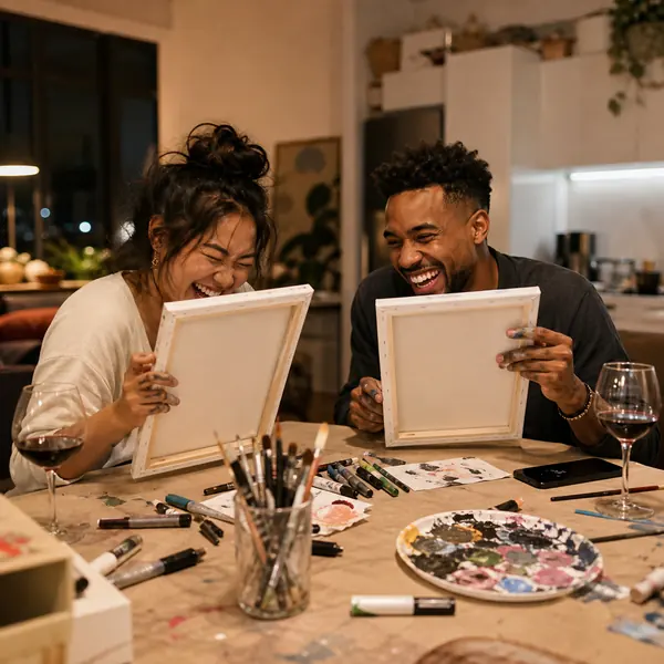 A couple at a messy art table, each proudly showing a quick painting of the other