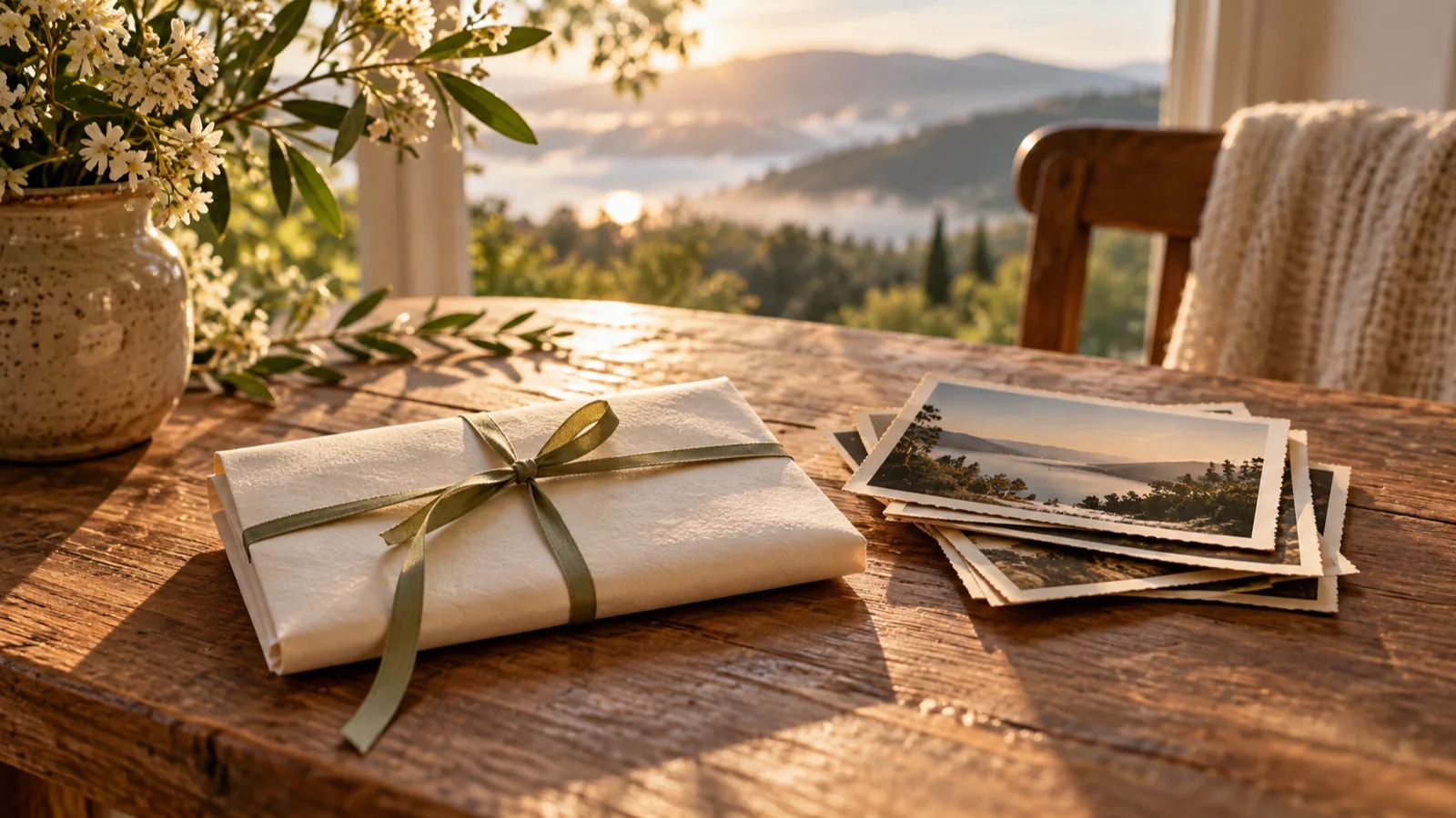 A handwritten letter, ribbon and old photographs on a wooden table, one of many meaningful anniversary ideas.