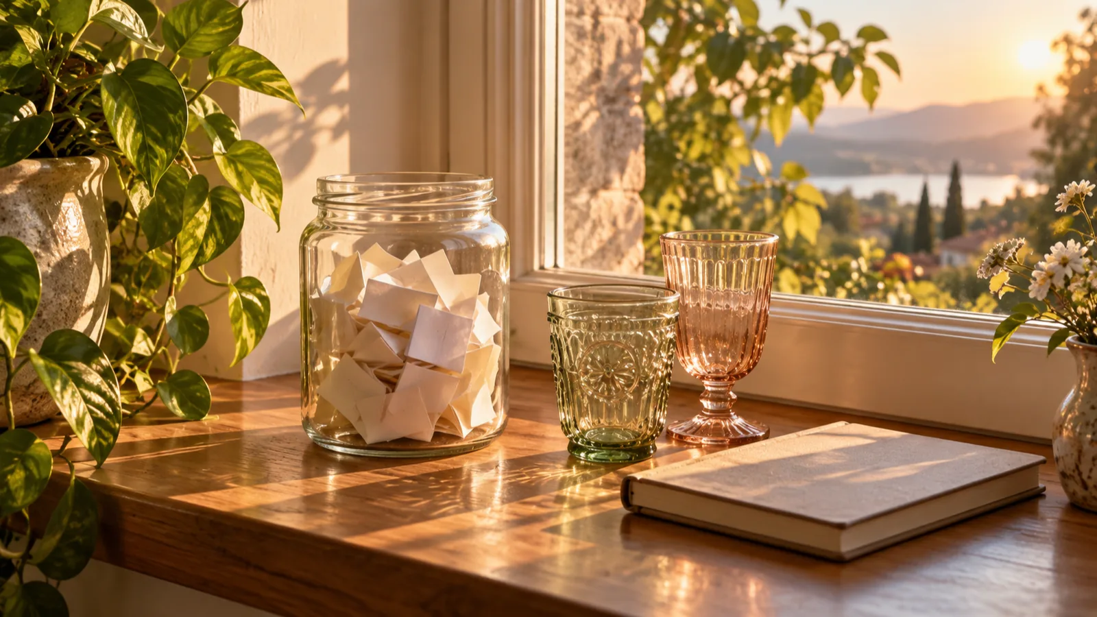 A jar of folded notes, two vintage glasses and a notebook on a windowsill, anniversary ideas for a yearly tradition.