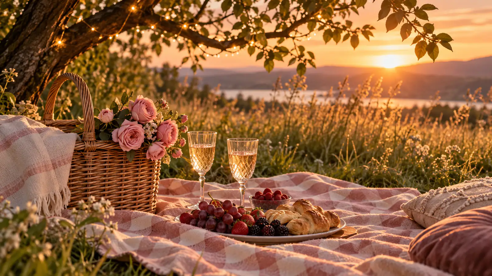 A picnic for two at golden hour with roses, two glasses and fairy lights, one of many anniversary ideas beyond dinner