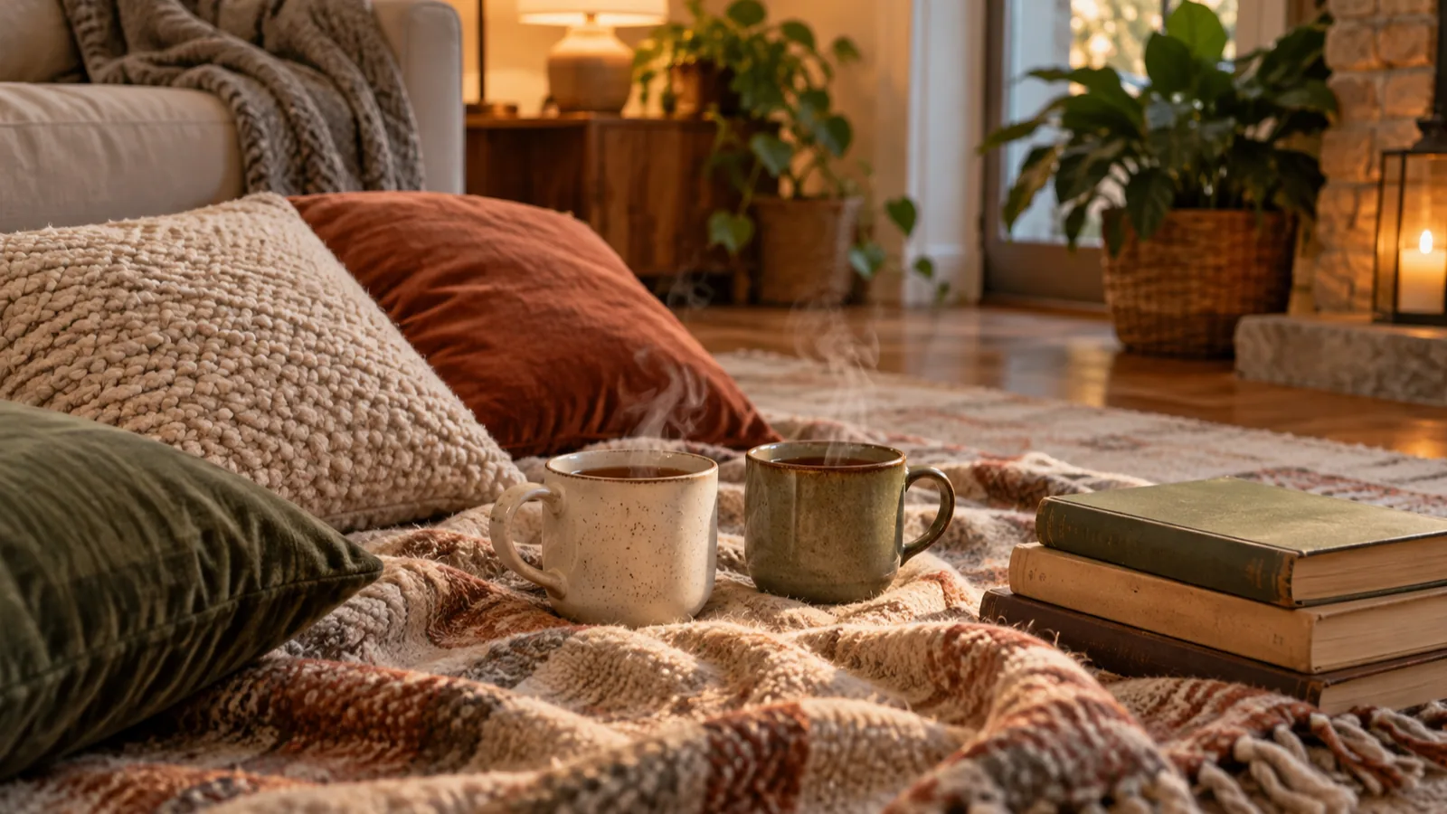 A cosy blanket nest with tea mugs and books on the floor, simple cheap date night ideas at home.