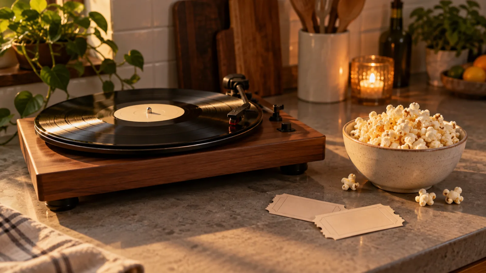 A vinyl record on a turntable, paper tickets and popcorn on the counter, date night ideas for talking and music.