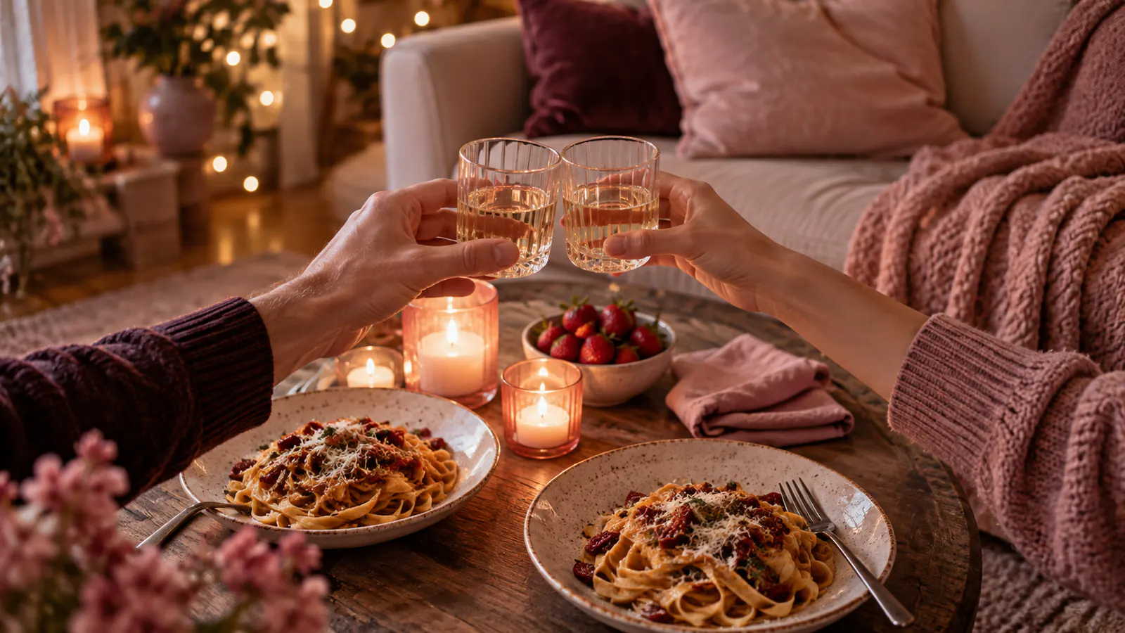 Two hands clinking glasses over a candlelit coffee table with homemade pasta, a cheap date night at home