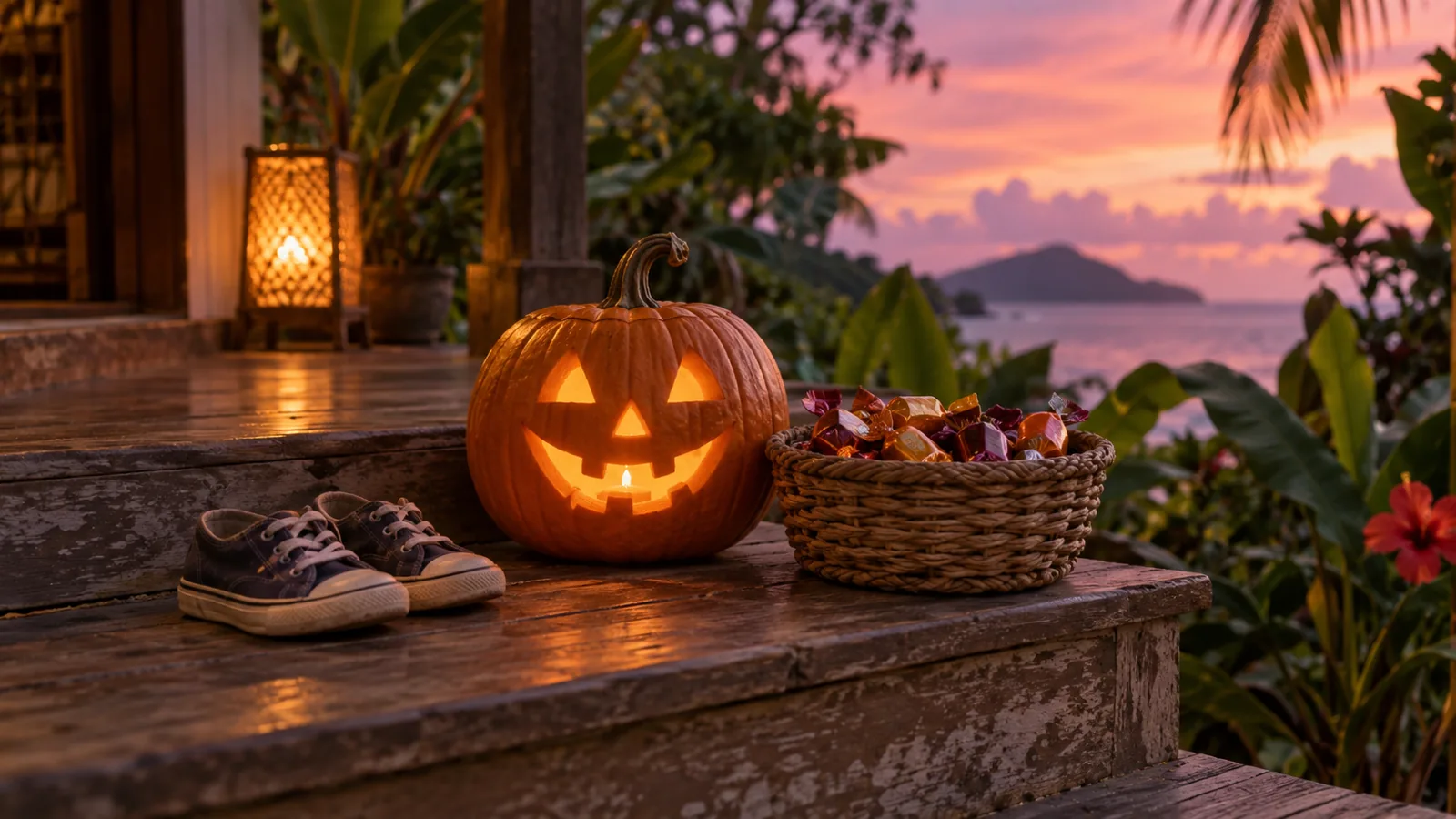 A glowing carved pumpkin and a basket of sweets on a veranda step at dusk.