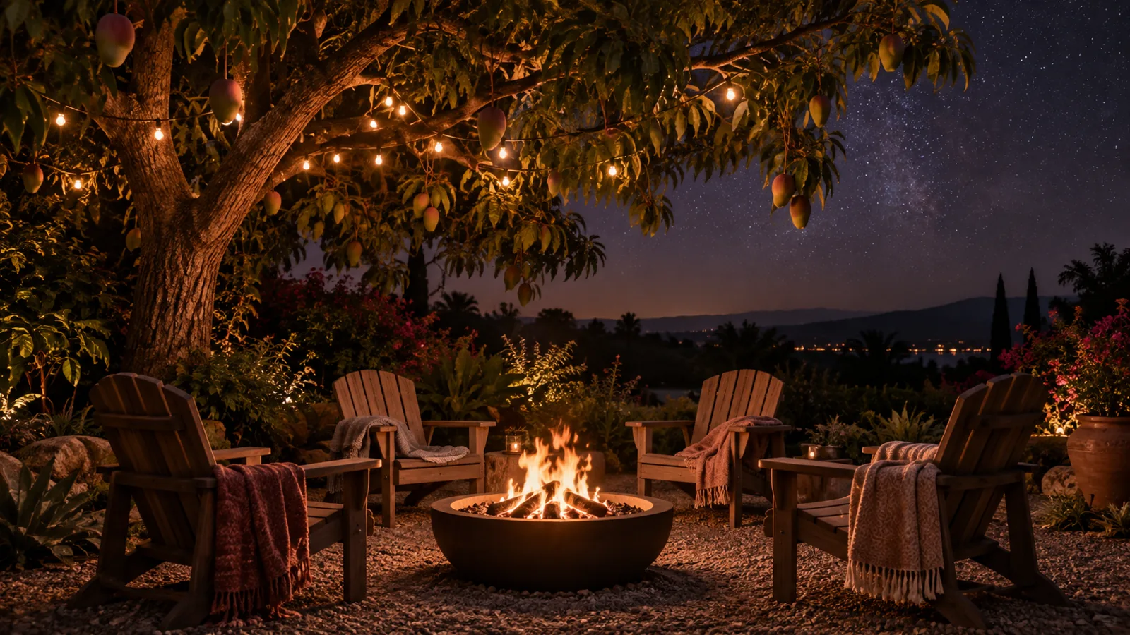 Empty chairs with blankets drawn close around a glowing garden fire pit at night.