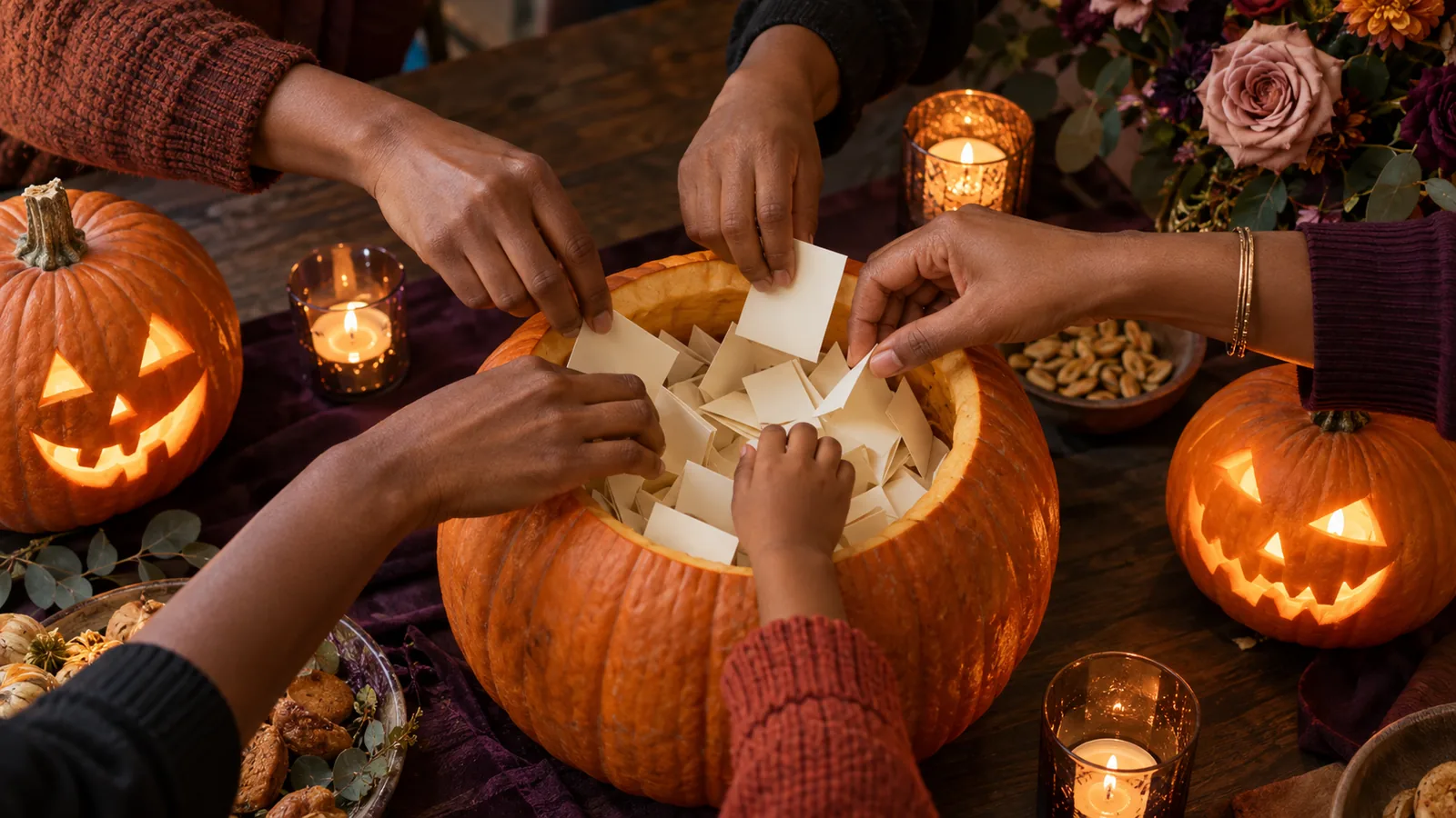 Halloween questions to ask your family: hands of different ages reaching into a carved pumpkin filled with folded paper slips on a candlelit table