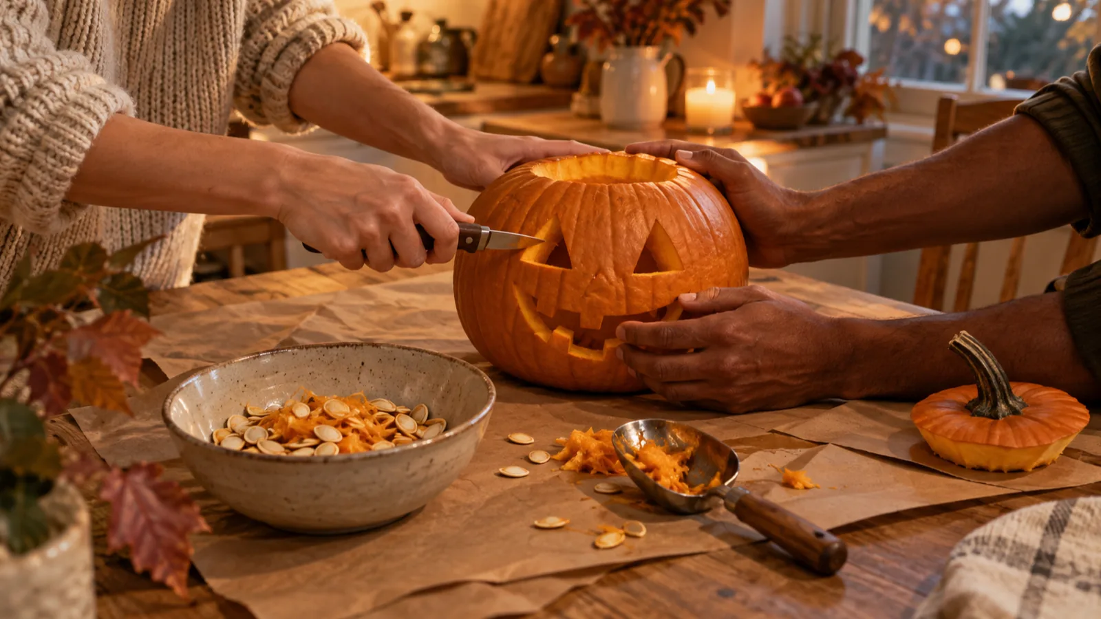 Two pairs of hands carving a small pumpkin together on a kitchen table in warm evening light.