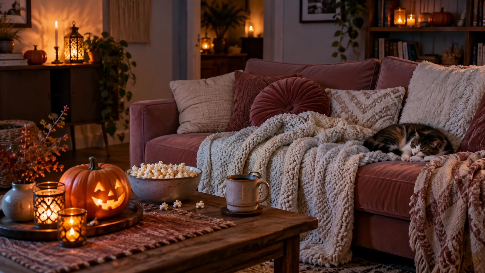 A sofa with a bunched knitted blanket, a bowl of popcorn and a glowing pumpkin in a candlelit living room.