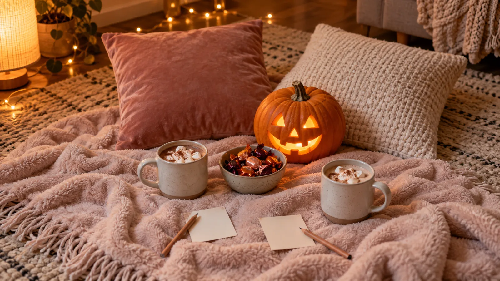 Two mugs of hot chocolate, a small glowing carved pumpkin, a bowl of sweets and two pencils on a soft blanket on a living room rug