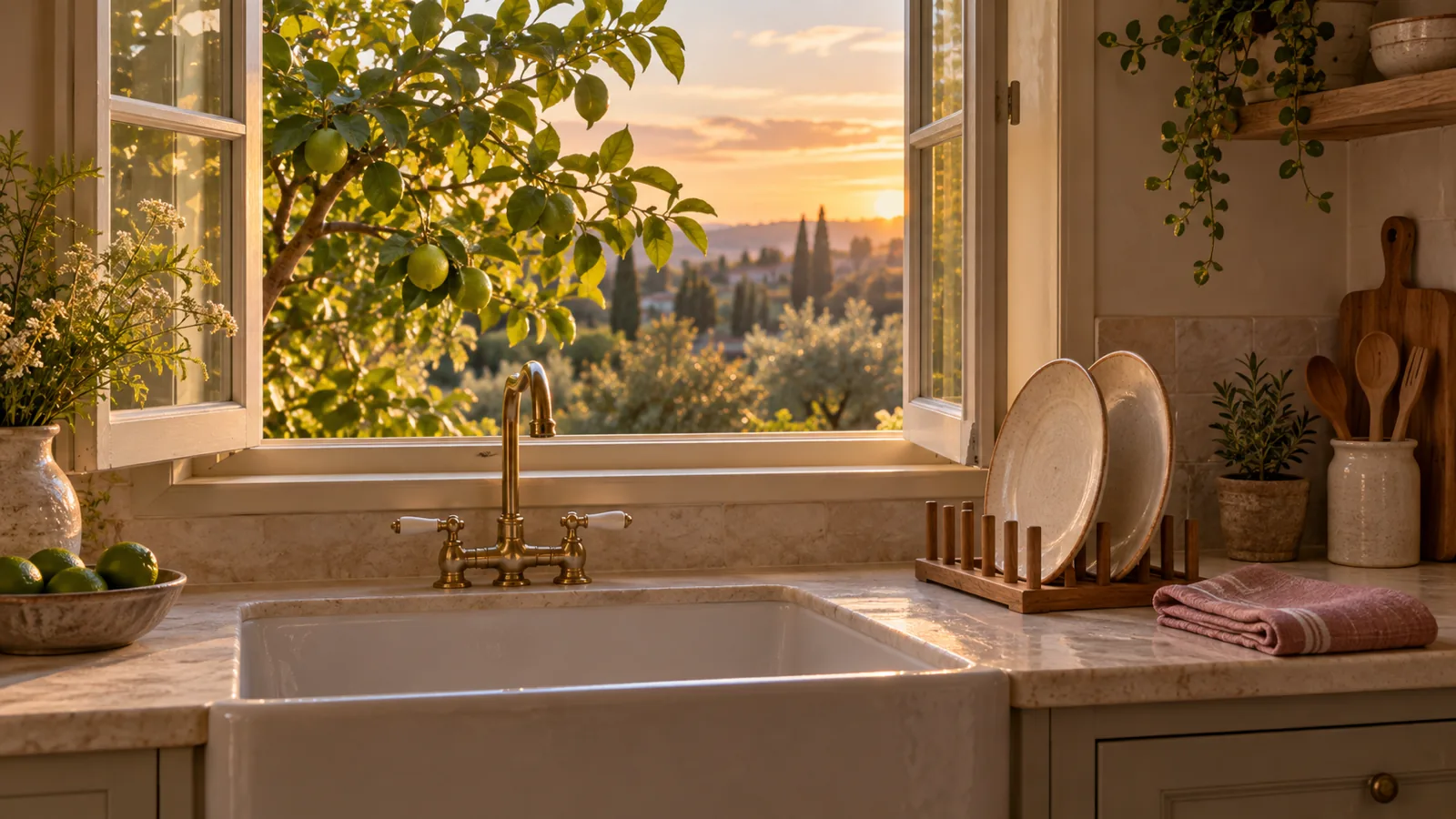 Two plates drying in a wooden rack by an open kitchen window in warm evening light.