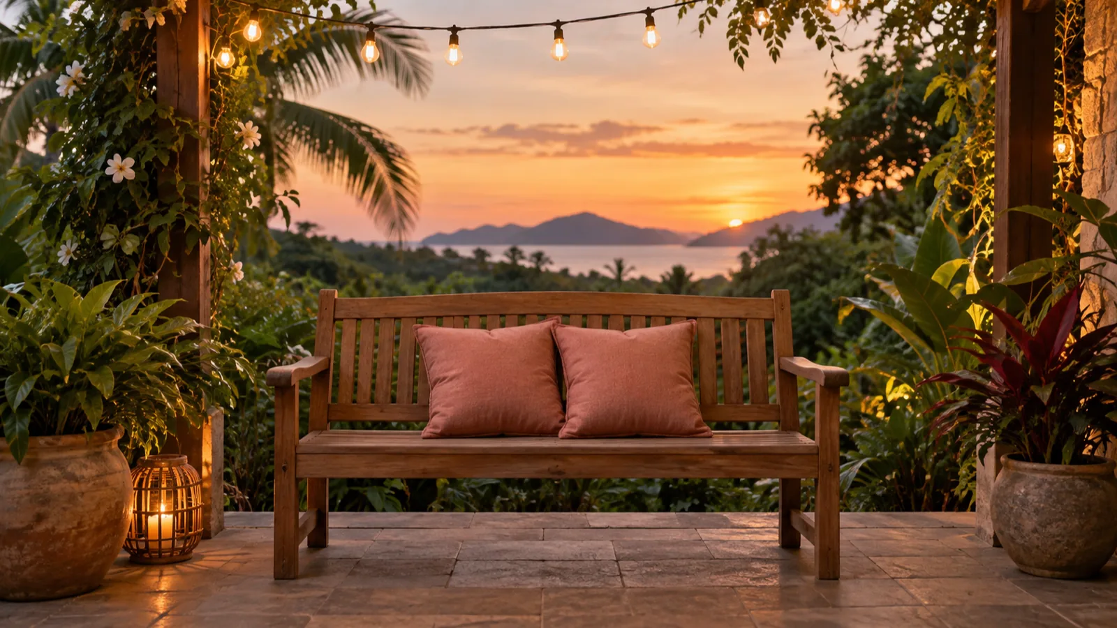 A two-seat wooden bench with two cushions on a veranda at dusk, under warm string lights.
