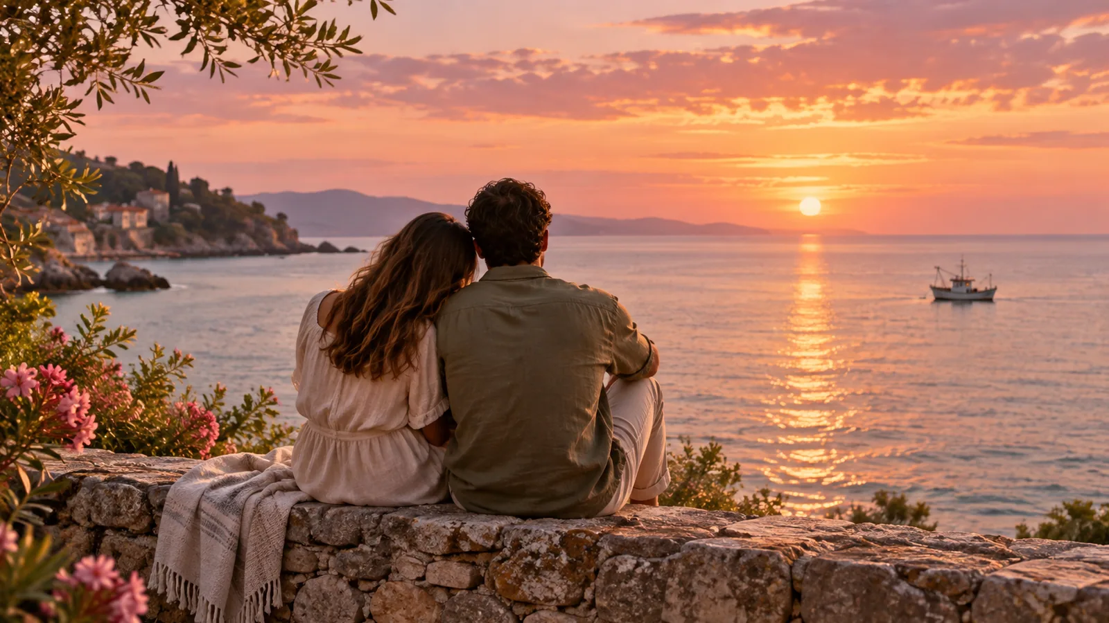 How to talk to your partner more deeply: a couple seen from behind on a low sea wall at dusk, leaning in towards each other in conversation