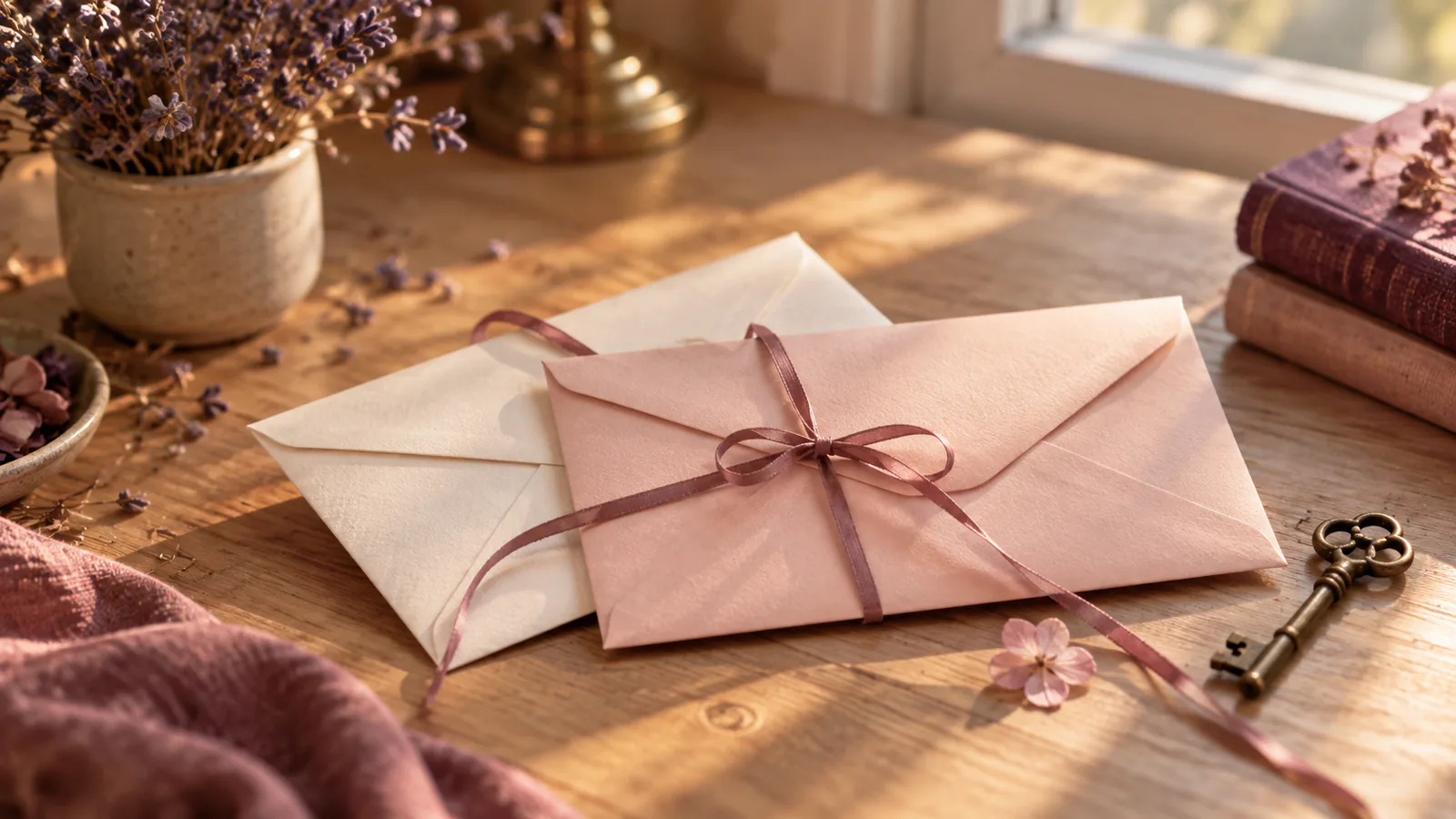 Two blank sealed envelopes tied with a dusty rose ribbon on a sunlit desk, letters for a long distance relationship