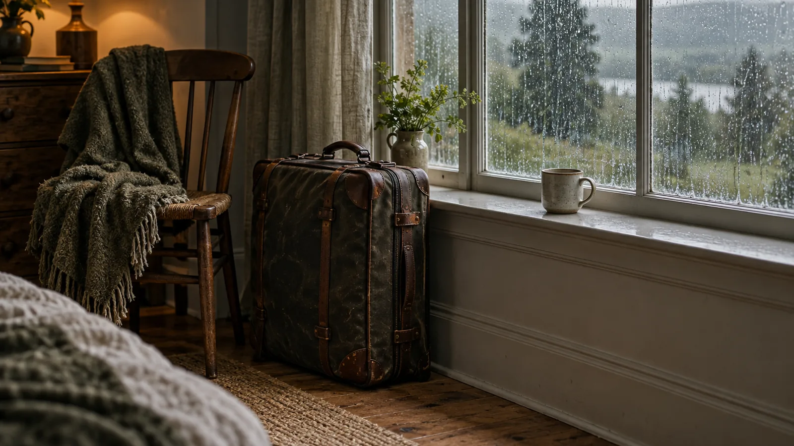 A packed suitcase beside a chair and a mug at a rainy window