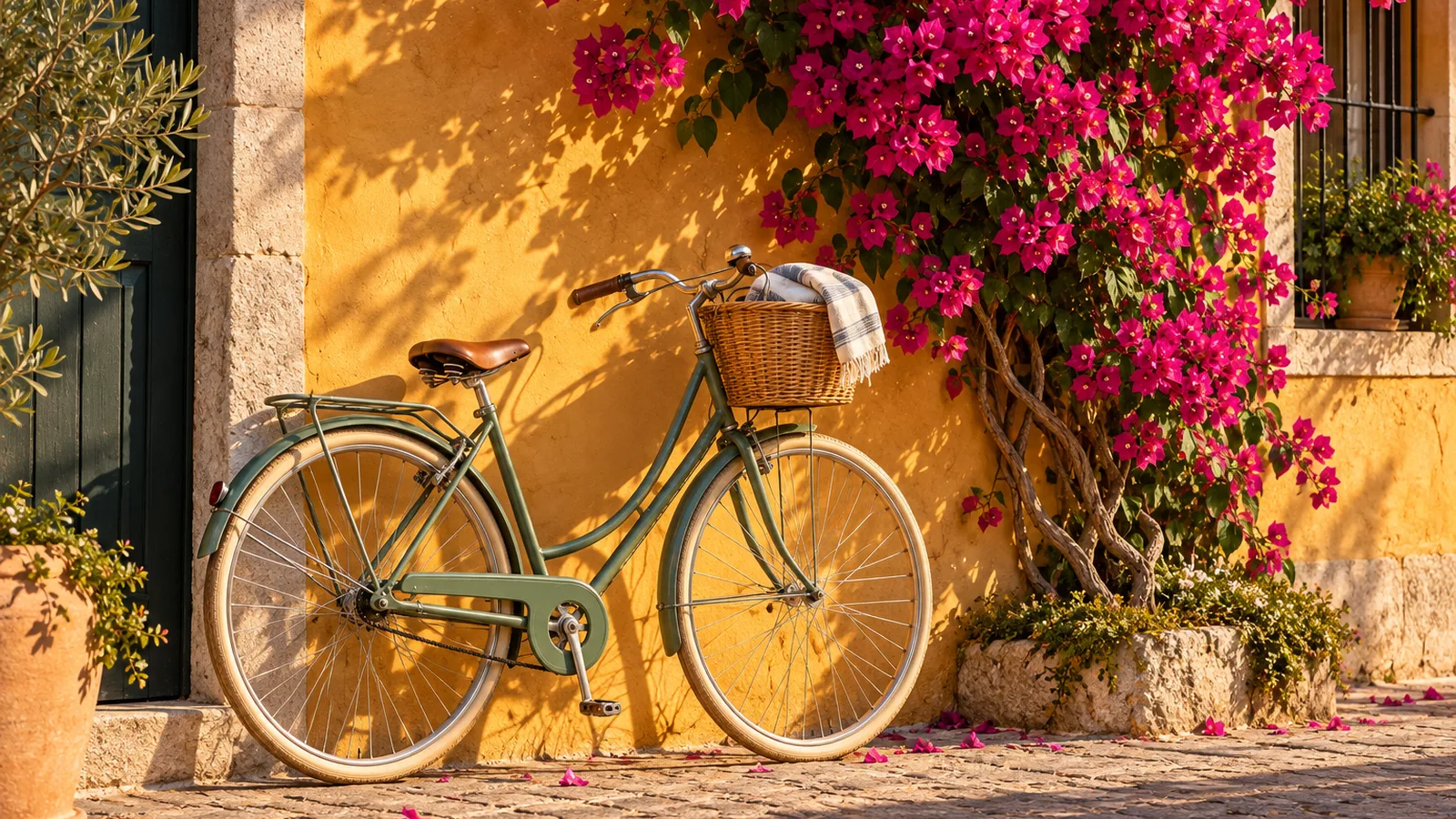A bicycle leaning on a sunlit wall beside bougainvillea in late afternoon light