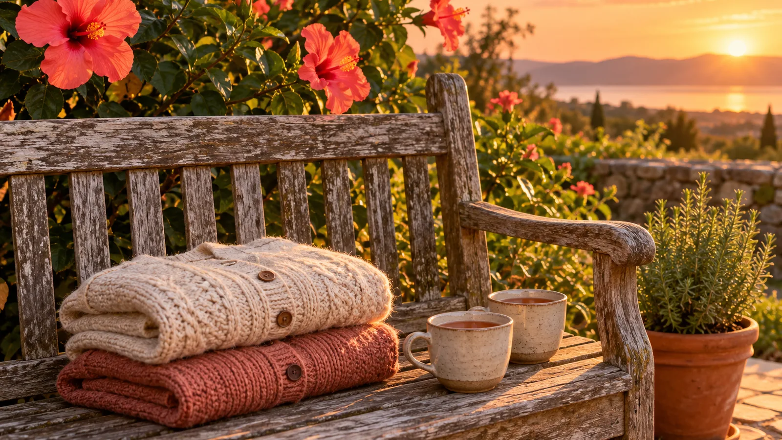 A garden bench at sunset with two folded cardigans and two cups of tea