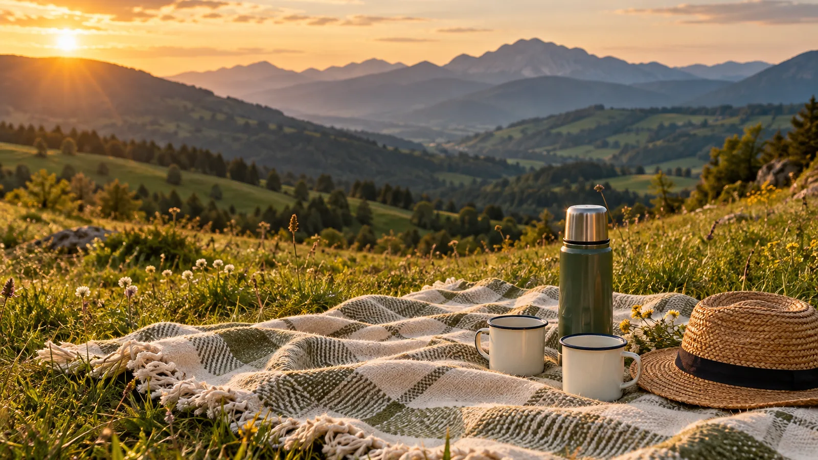 A picnic blanket with two mugs, a thermos and a straw hat on a hillside in golden light