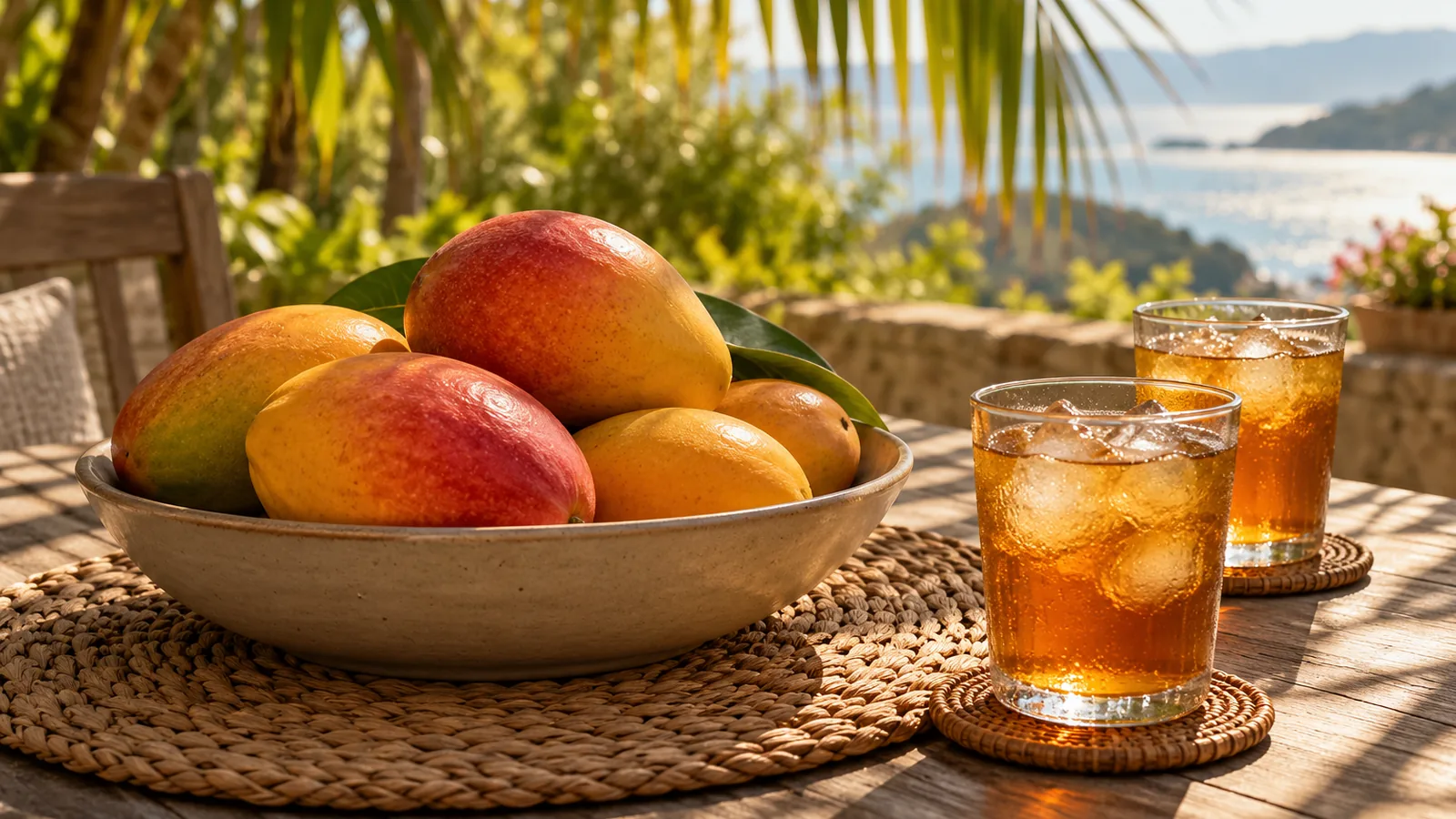 An outdoor table with a bowl of mangoes and two glasses of iced tea in palm shade