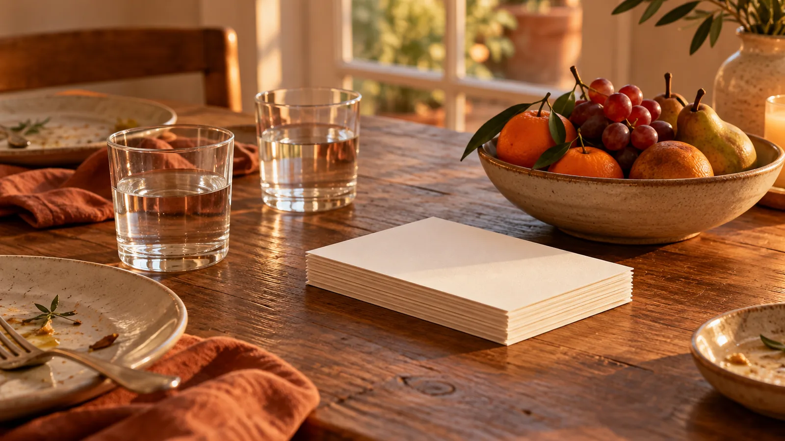 A stack of blank cream cards beside two glasses of water and a bowl of fruit on a dinner table
