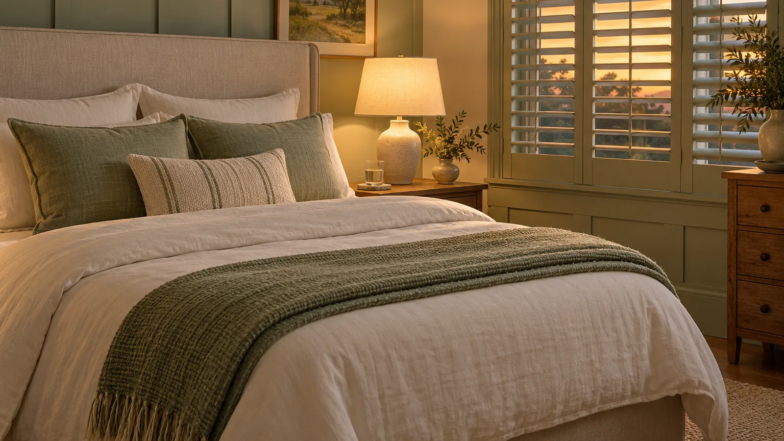 A made bed with two pillows and a bedside lamp in soft evening light