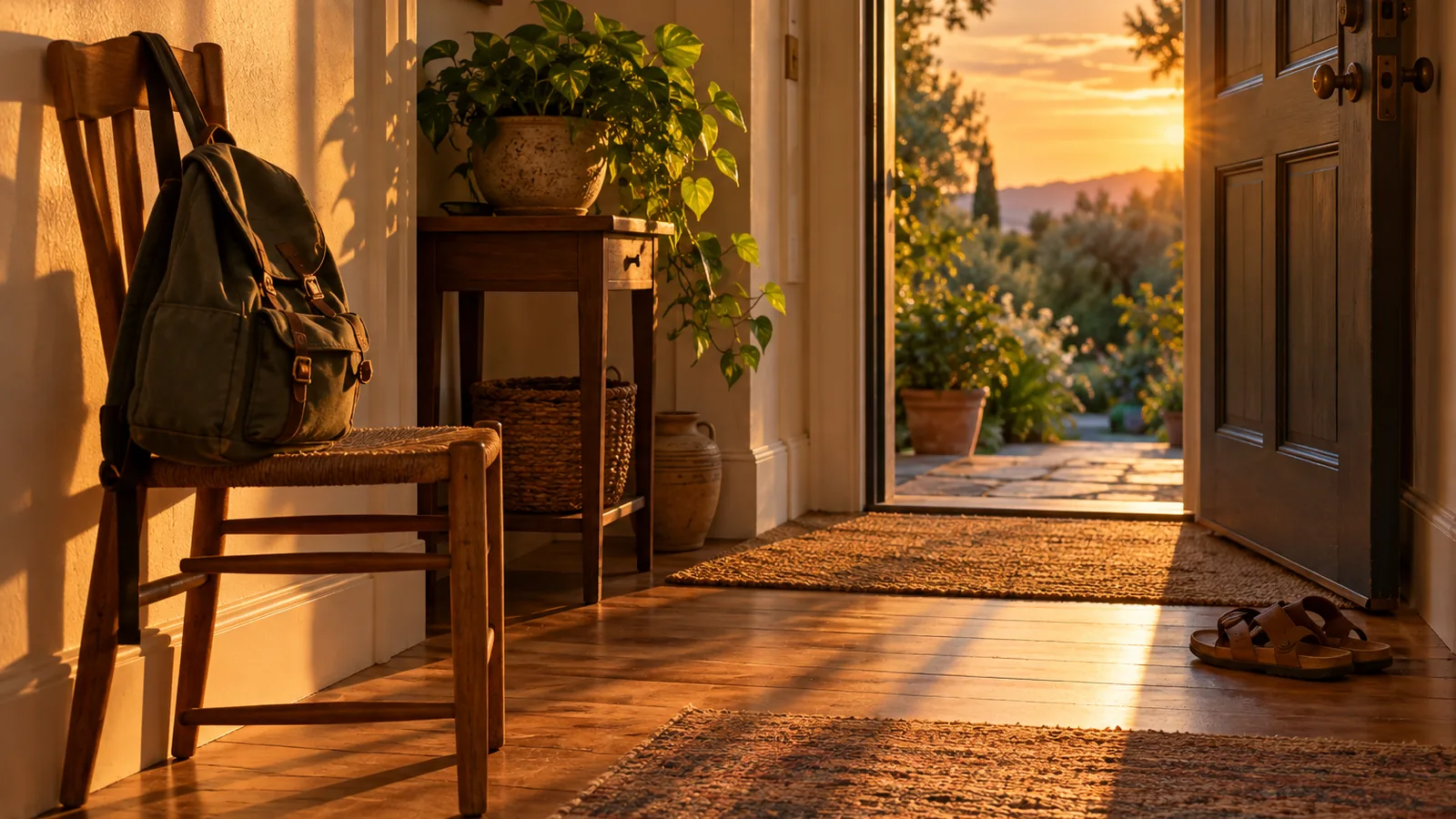 A school bag on a chair beside sandals by the door and a plant in the last evening light