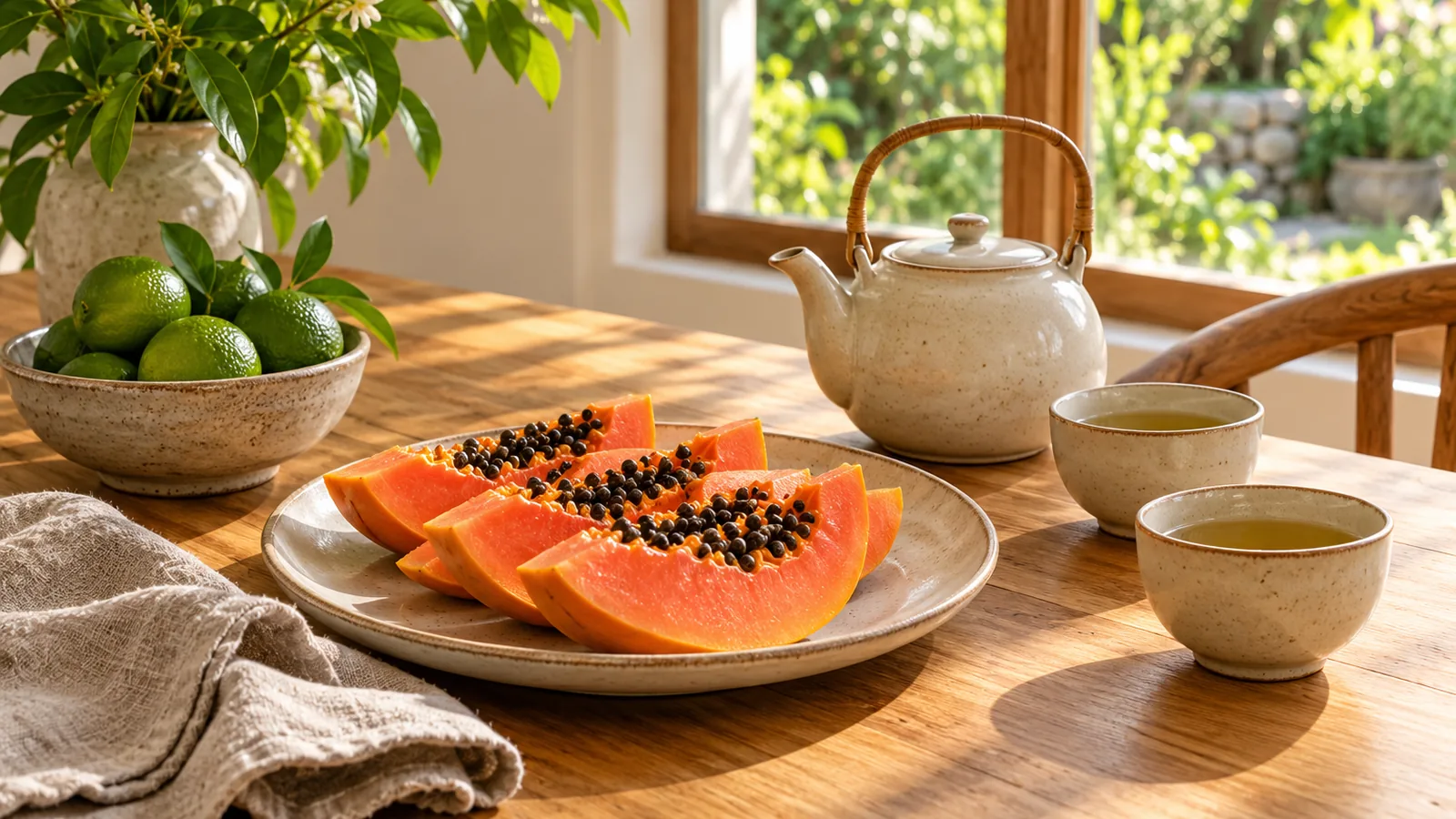 A kitchen table with sliced papaya, a teapot and two cups in warm Saturday morning light
