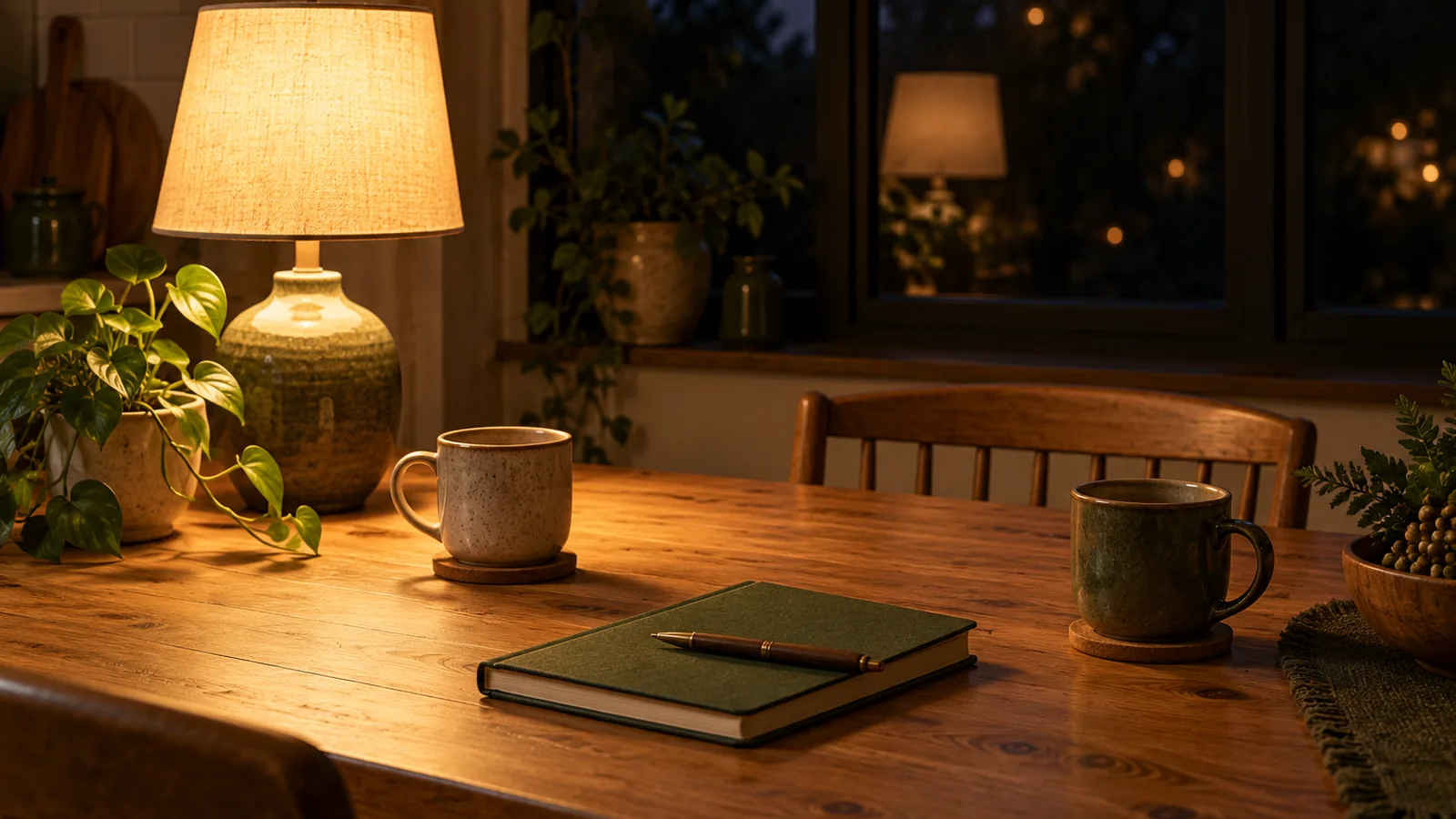 Two cups, a closed notebook and a pen on a kitchen table beside a lamp late in the evening