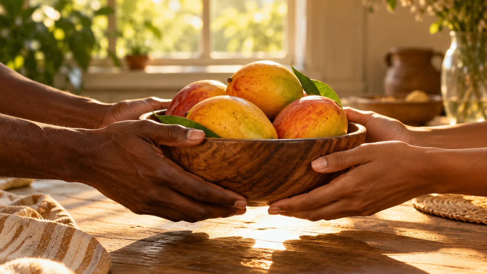 Two pairs of hands passing a bowl of ripe mangoes across a kitchen table