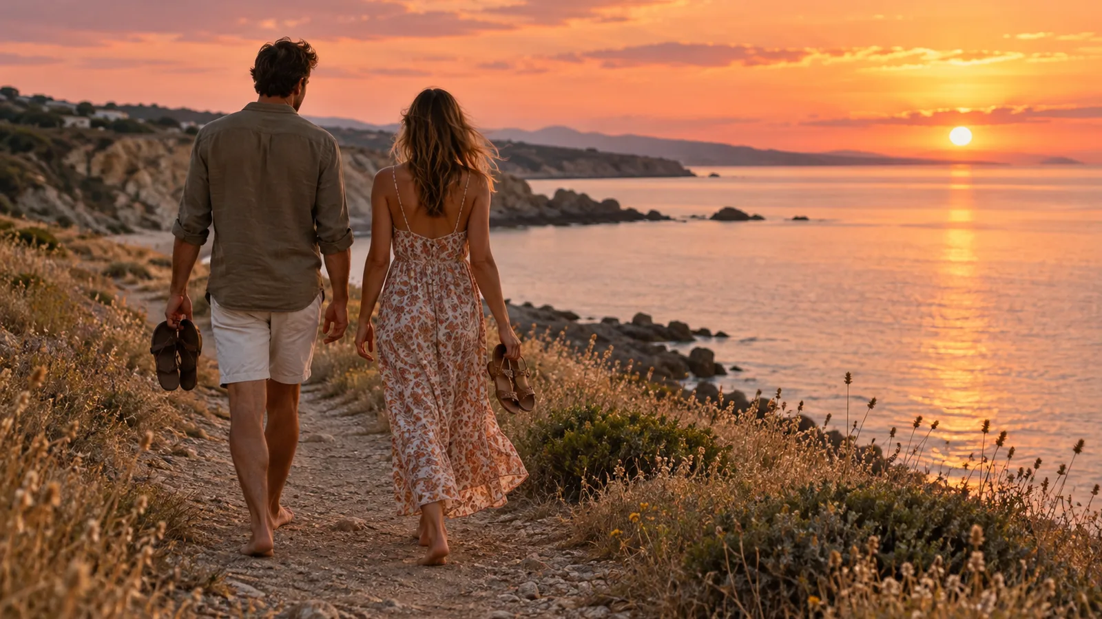 Two people seen from behind walking along a seaside path at dusk
