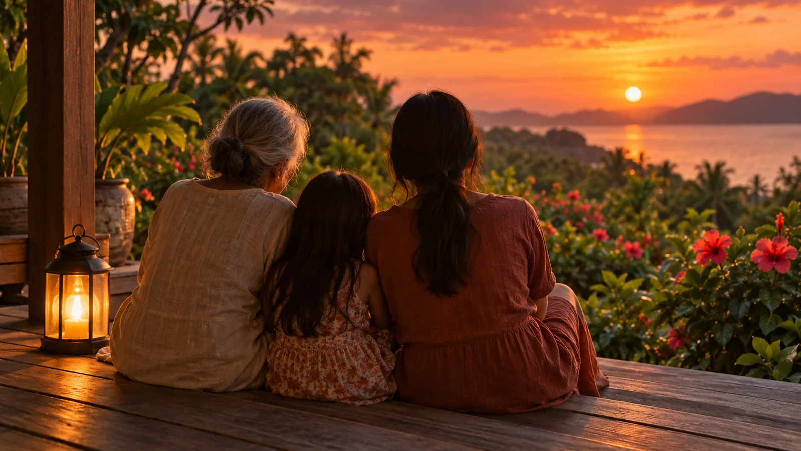 Three people of different ages seen from behind on veranda steps at dusk beside a lantern