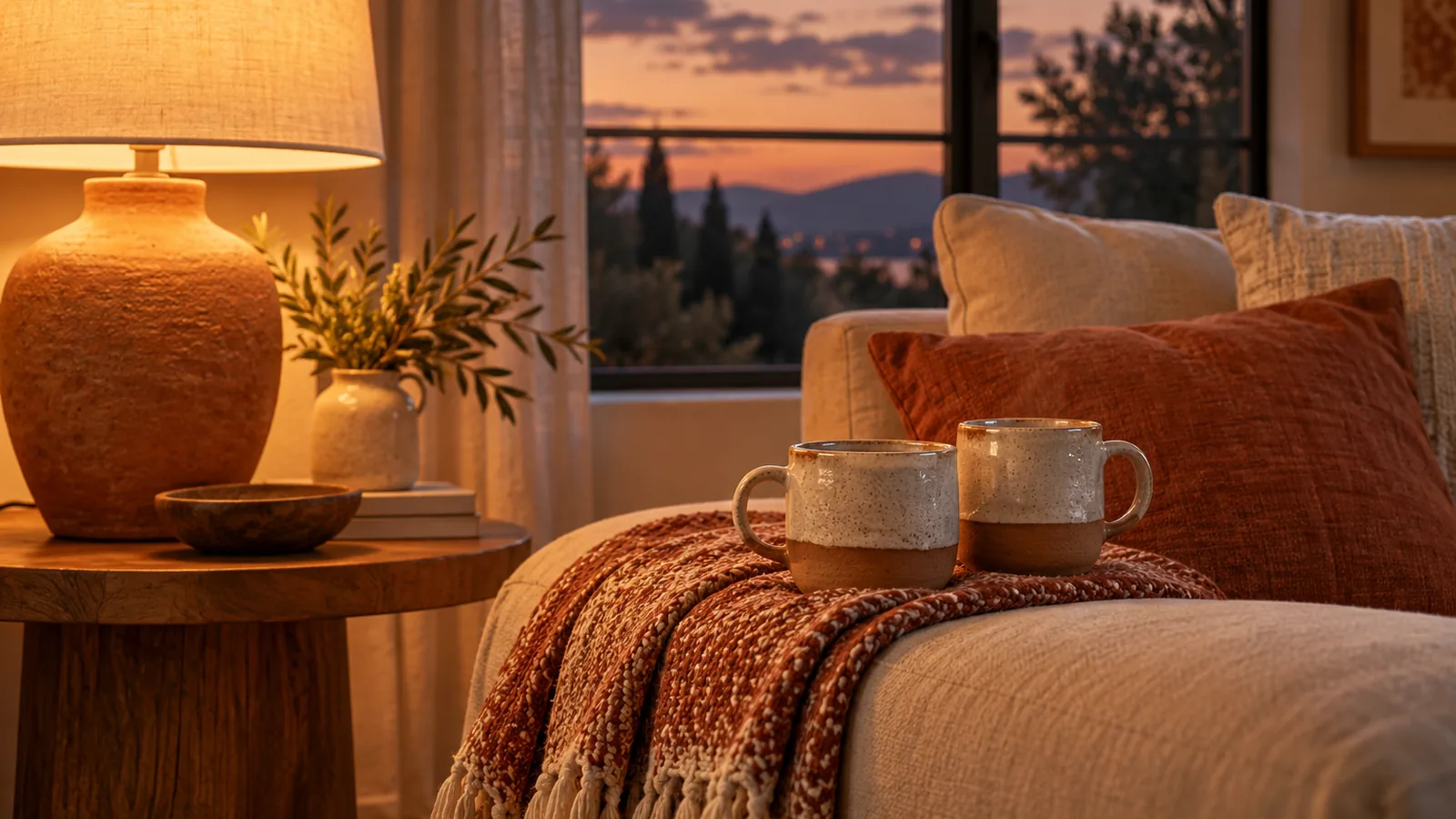 Two mugs and a folded throw on the arm of a sofa beside a lamp in warm evening light