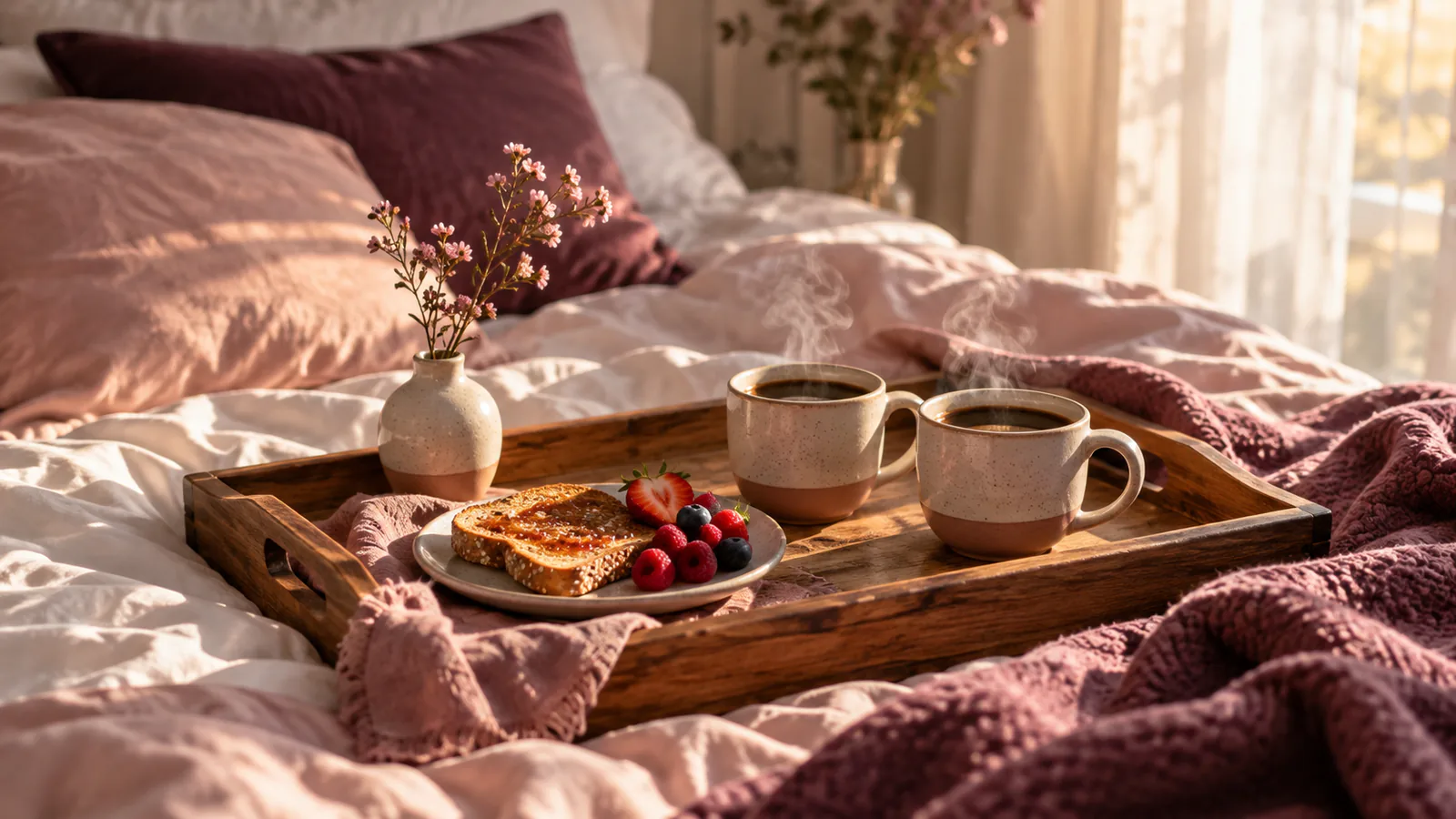 Two steaming mugs of coffee on a breakfast tray on blush bed linen, a cosy moment for a question of the day