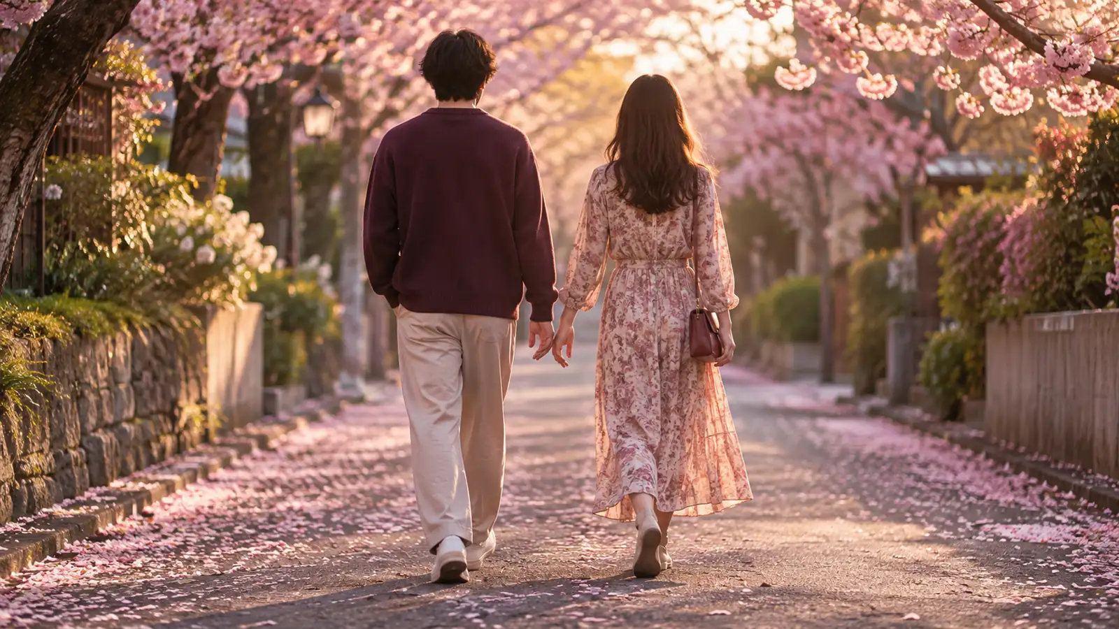 A couple early in a new relationship, seen from behind walking side by side down a quiet street under pink blossom trees, their hands about to touch