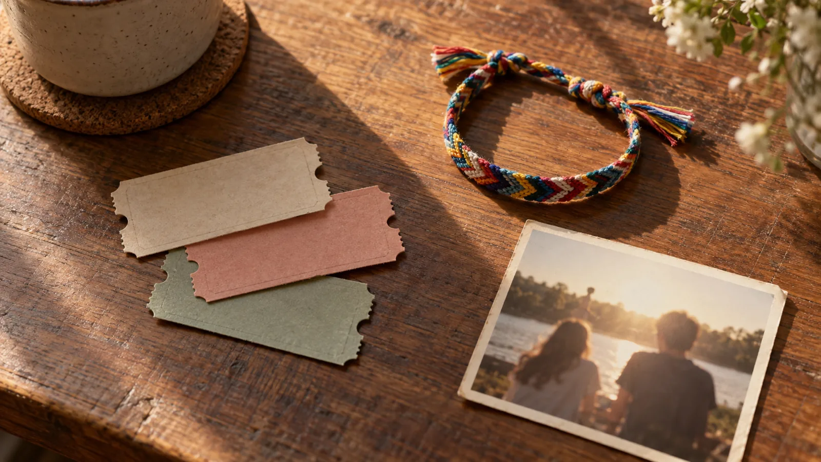 Ticket stubs, a friendship bracelet and an old photograph on a table, keepsakes for questions to ask your best friend.