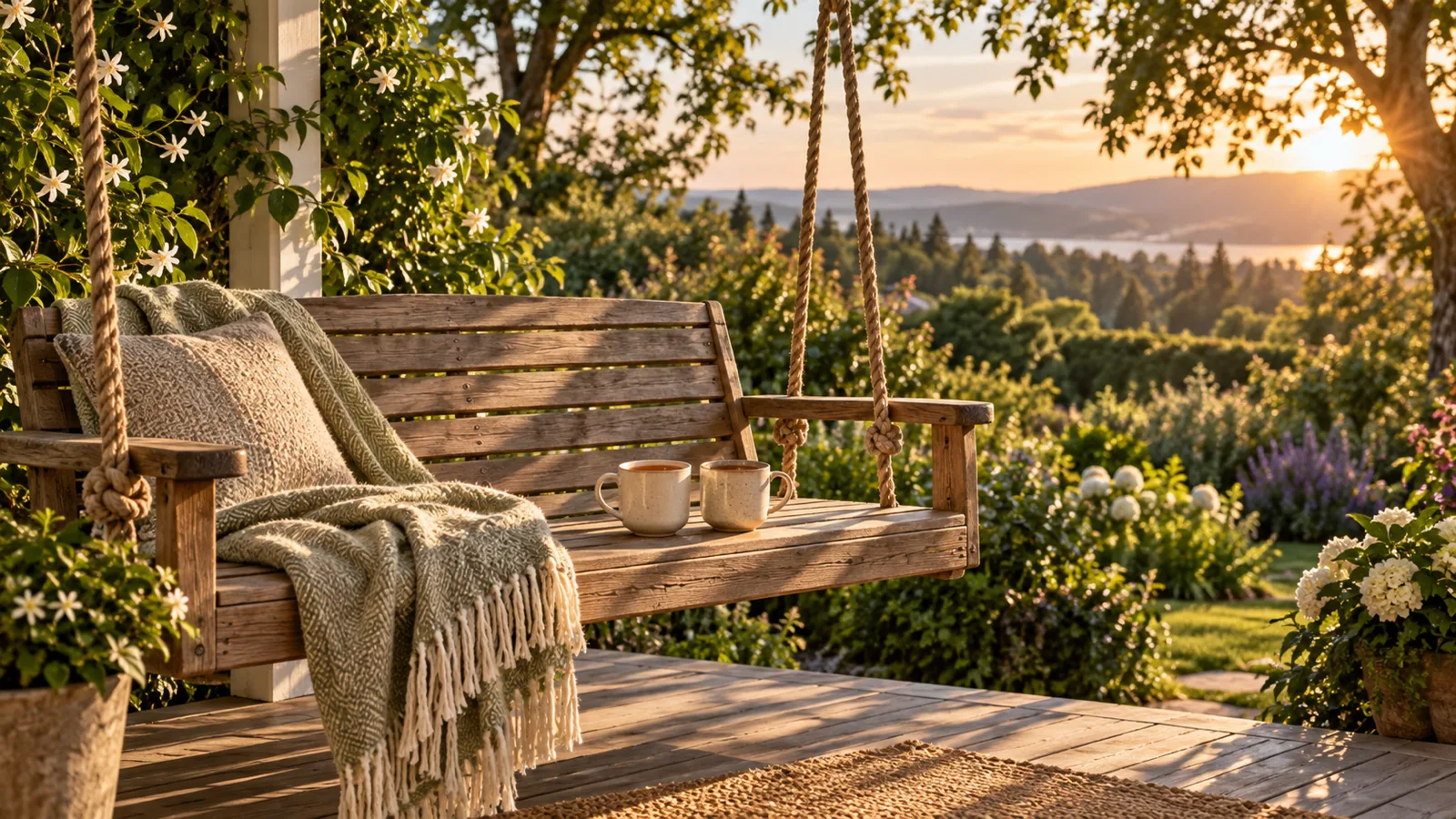 Two mugs of tea and a blanket on a porch swing, ready for questions to ask your best friend.