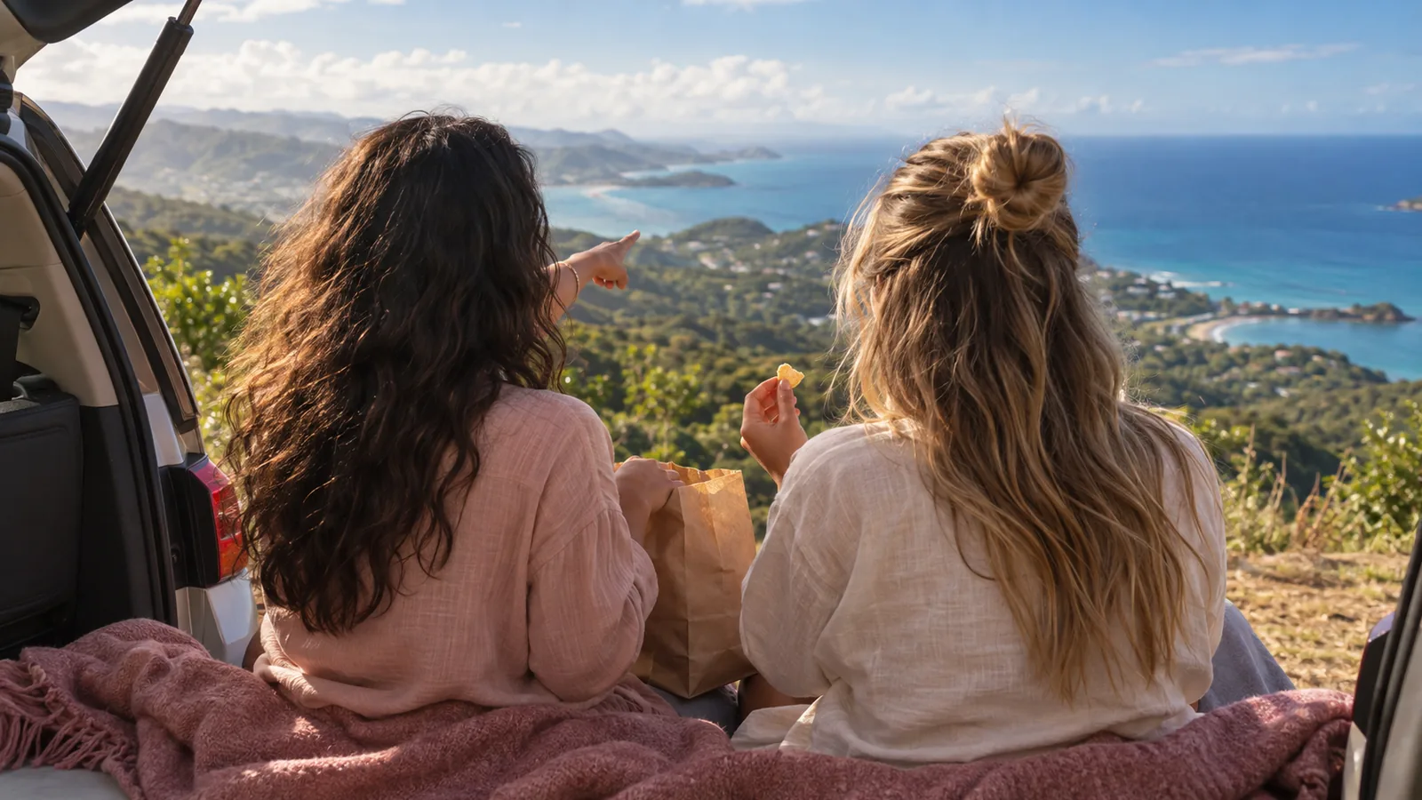 Two best friends seen from behind, sharing snacks on the back of a car at a lookout over green hills and a blue Caribbean sea