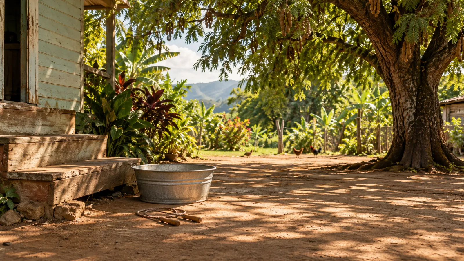 A sunny country yard with a wooden step, a tin basin and a skipping rope under a shady tree.
