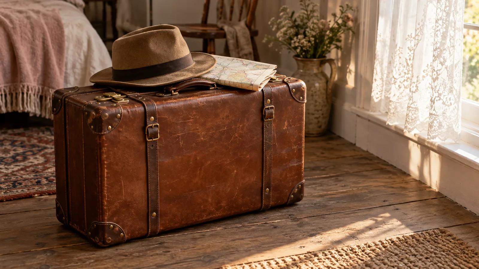 A worn leather suitcase with a folded map and a hat on top, standing on old wooden floorboards.