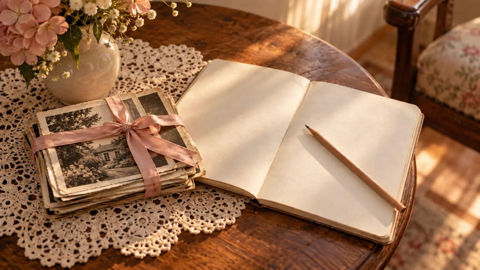 Old family photographs tied with a ribbon beside an open notebook and pencil on a crocheted doily.